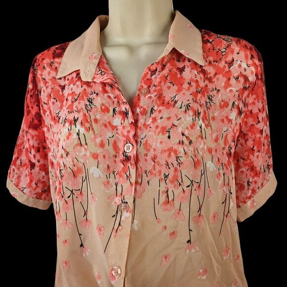 GeeGee Pink Floral Short Slv Blouse Sheer Lightweight Button Front Top Womens M - Picture 5 of 9